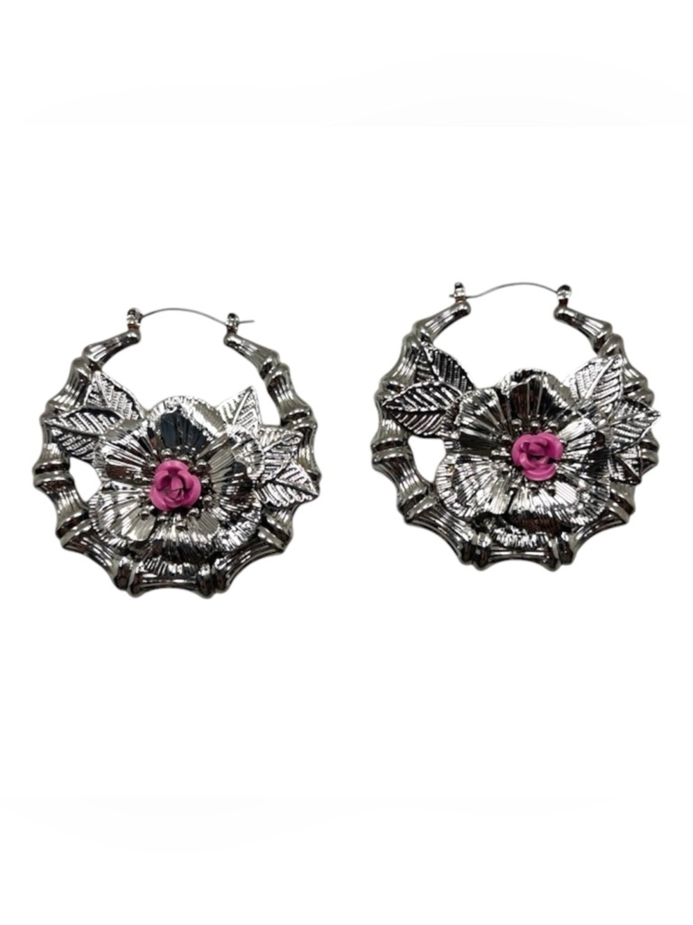 Silvertone Bamboo Hoop Earrings Pink Rose Floral Statement Chunky Y2K Fashion